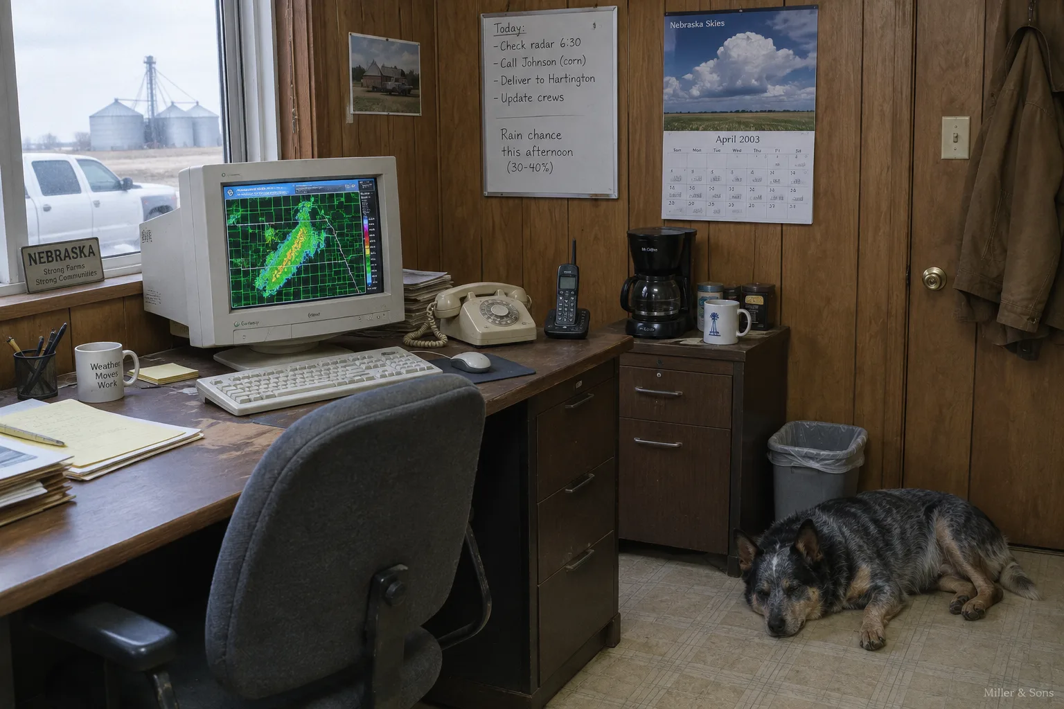 The dispatch office with radar screen and shop dog