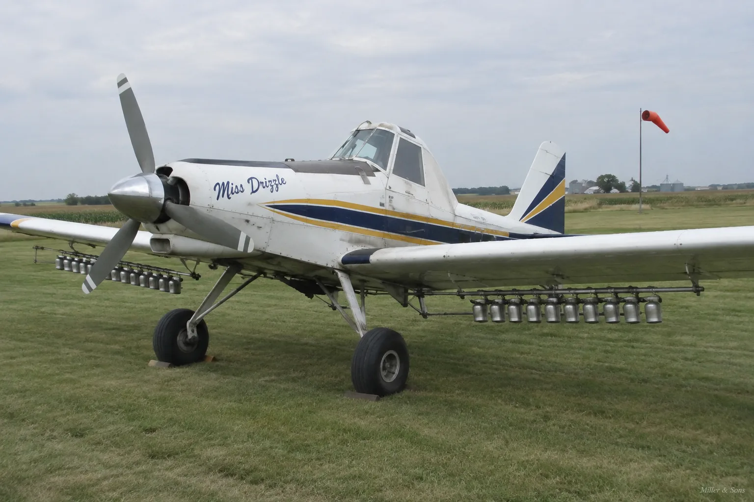 Miss Drizzle, the company seeding plane, on the grass strip