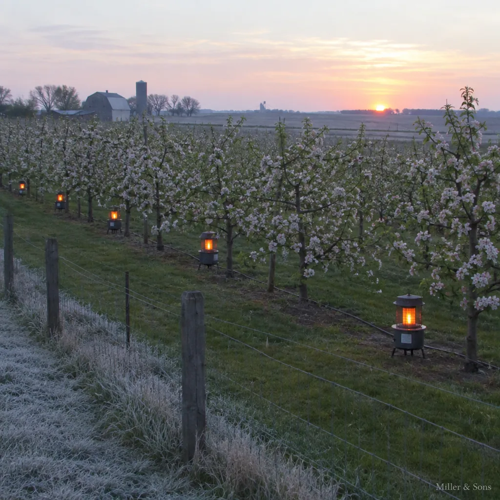 Orchard heaters glowing between blossoming apple trees at dawn