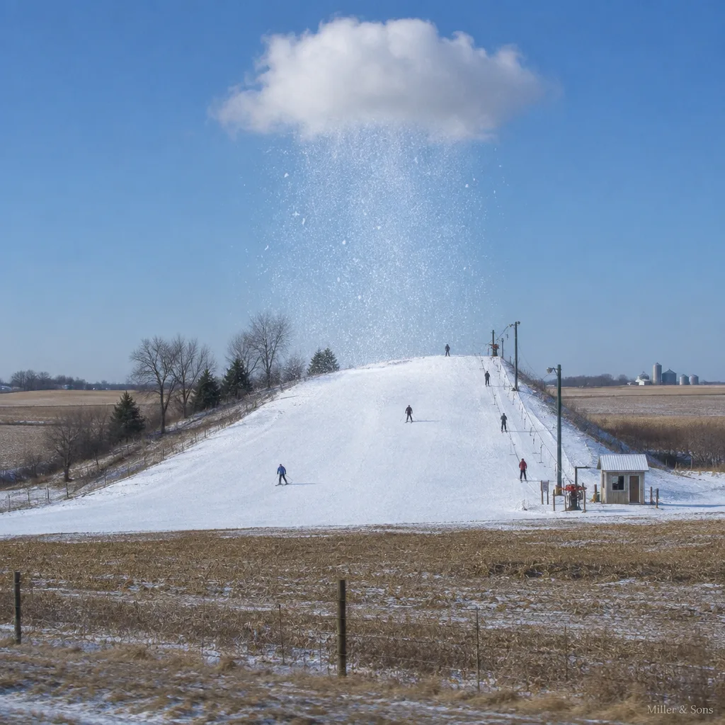 Snow falling on one small ski hill under a clear sky