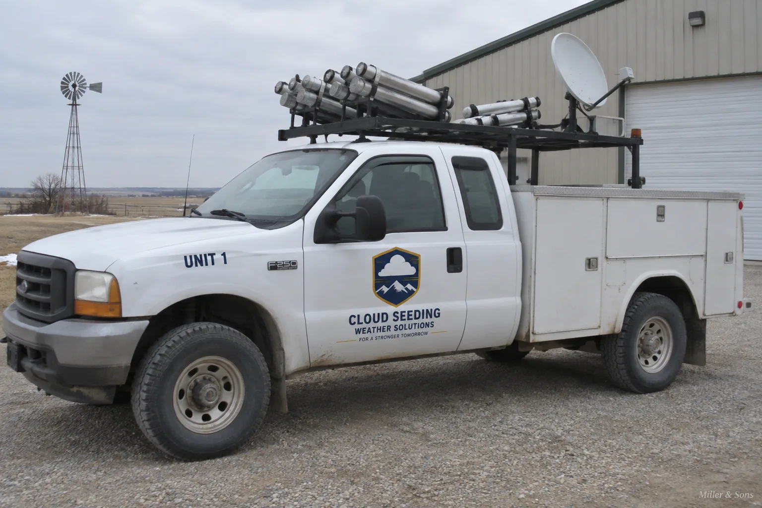Unit 1, a ground seeding truck with roof-mounted flare rack