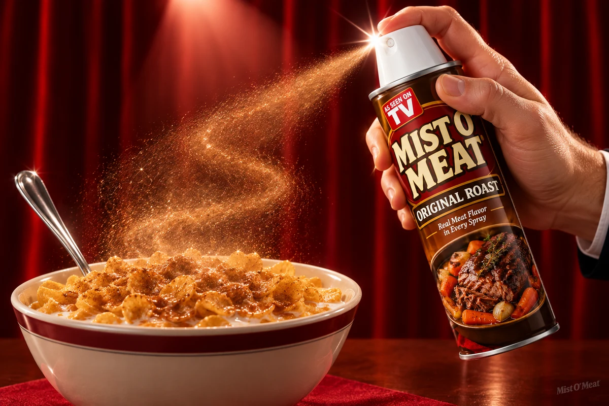 A hand spraying Mist O' Meat over a bowl of cereal