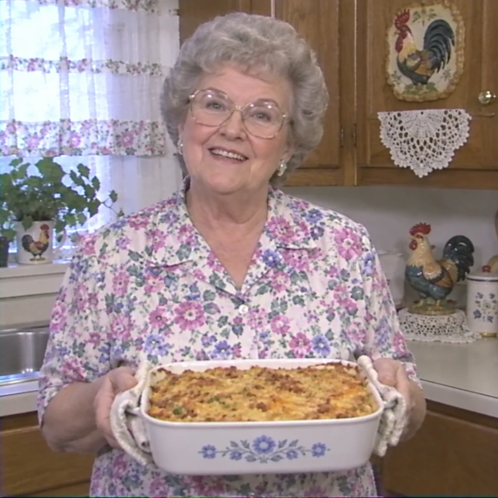Linda holding her casserole