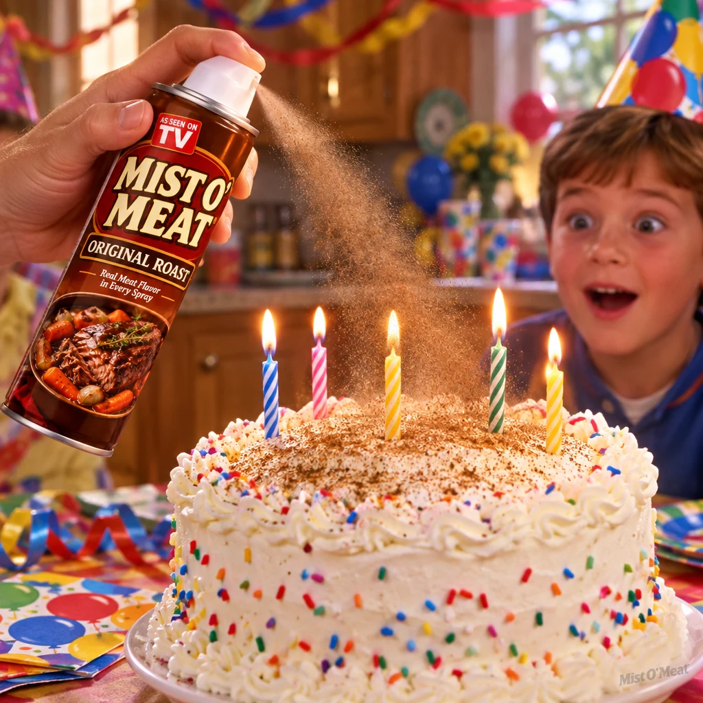A birthday cake being sprayed with Mist O' Meat