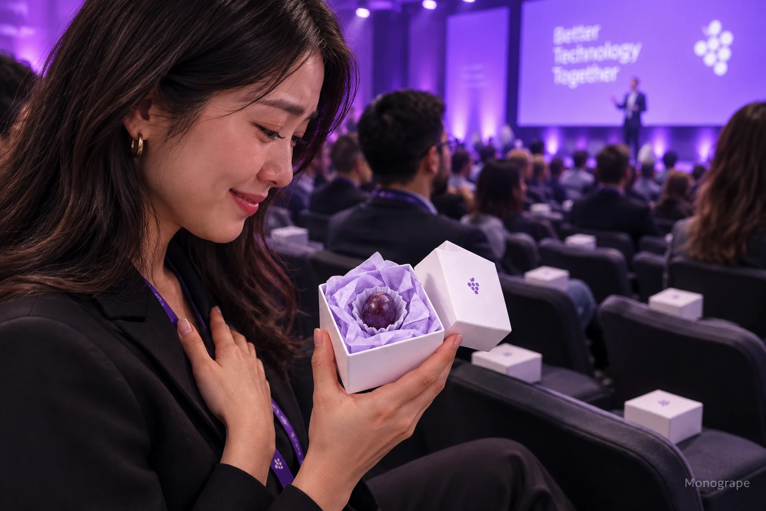 Conference attendees with Monogrape boxes on every seat, one attendee holding an open box