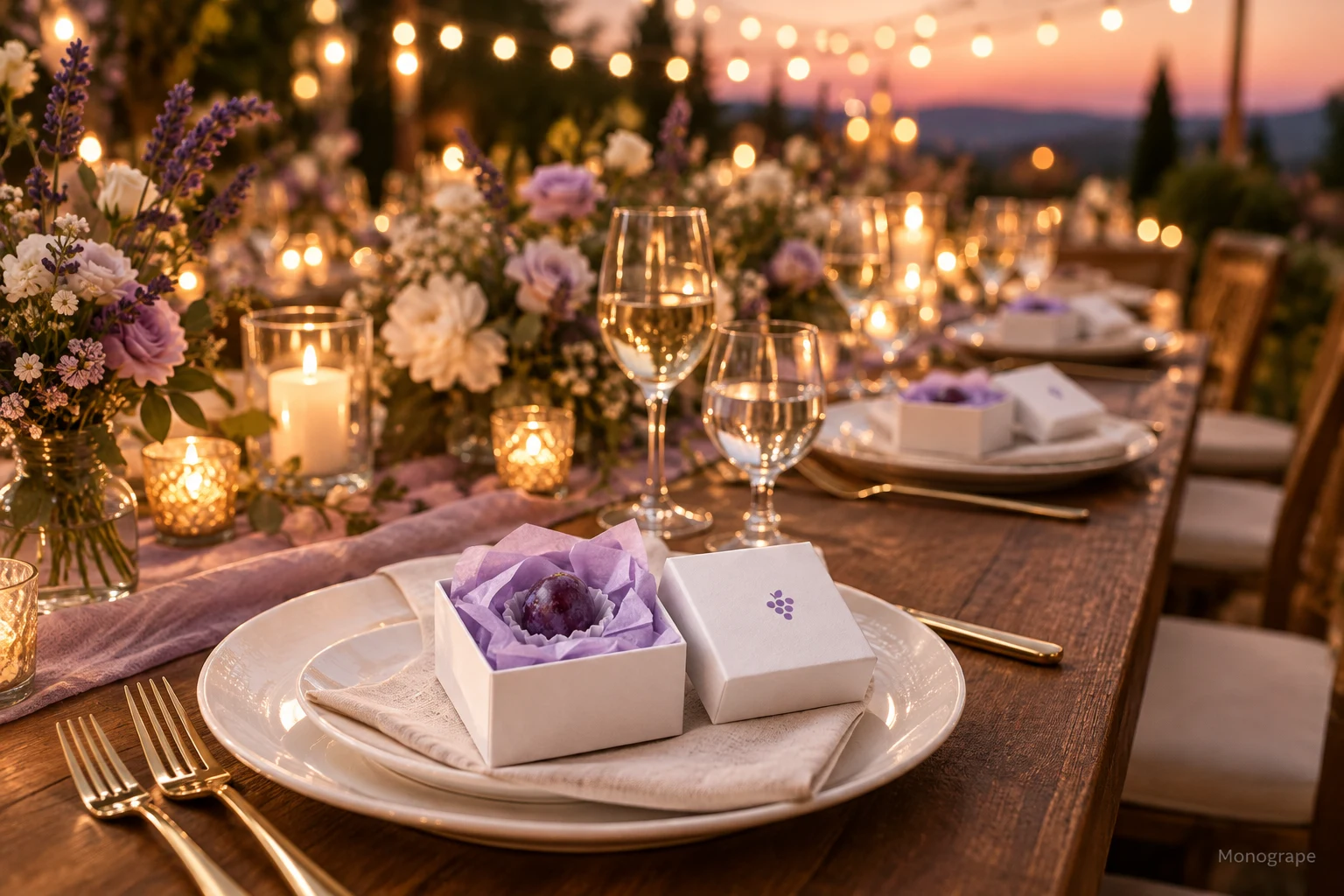 A wedding reception table at dusk with a Monogrape box at each place setting