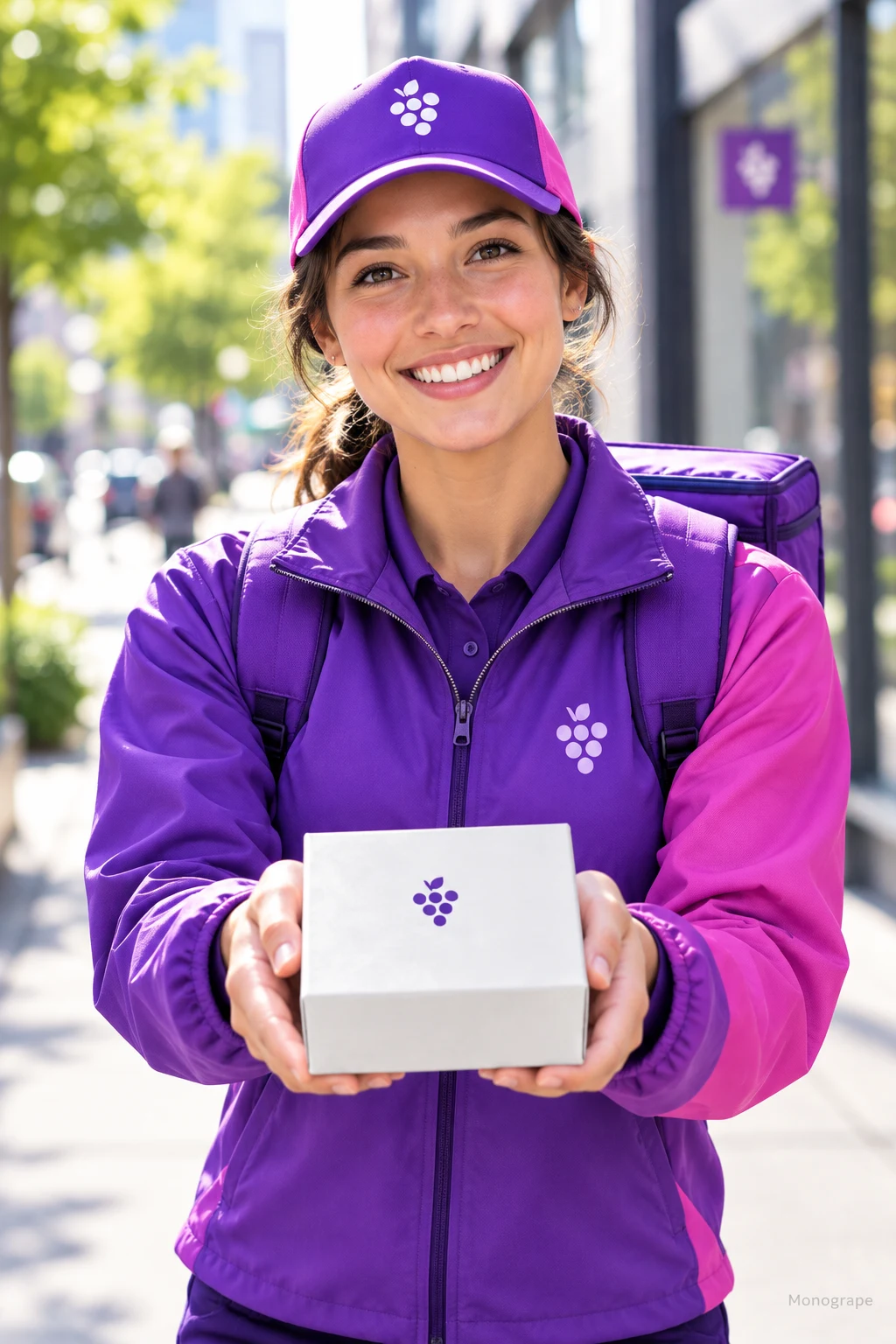 A Monogrape courier in violet uniform presenting a delivery box, wearing a tiny insulated single-grape backpack