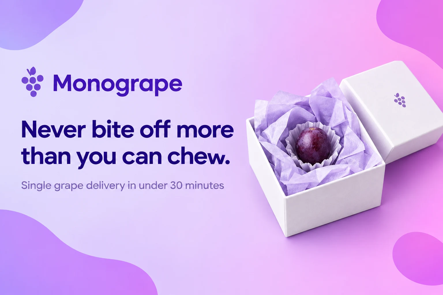 Monogrape banner: the delivery box beside the tagline Never bite off more than you can chew