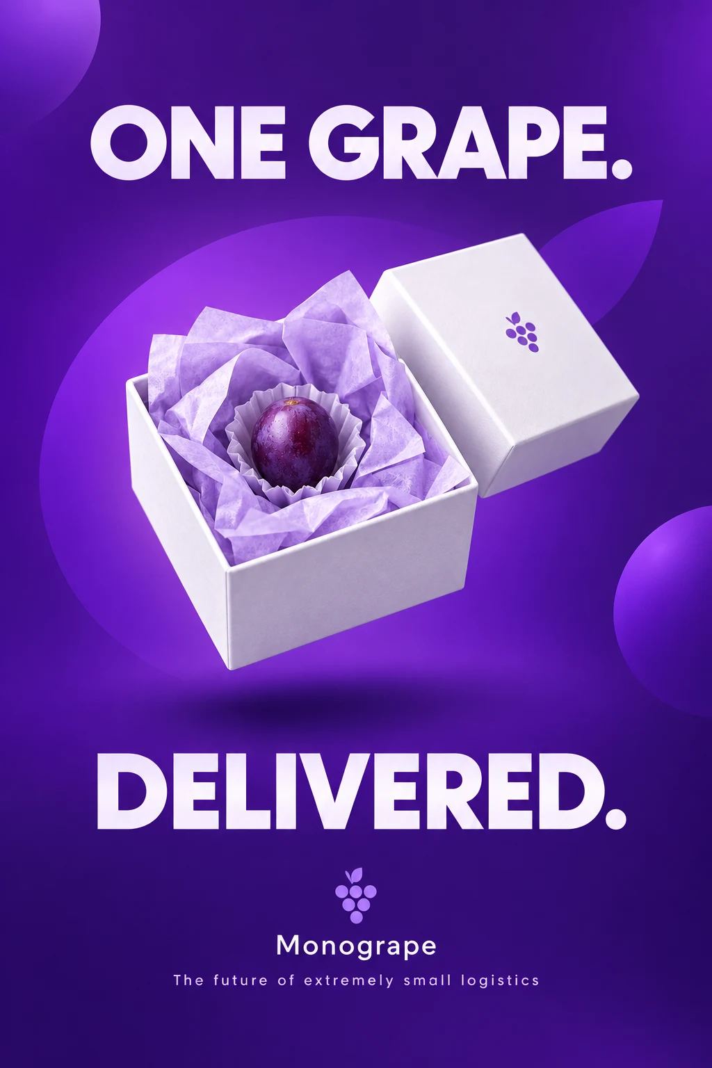 Monogrape poster: the delivery box floating on a violet background with the words One Grape, Delivered