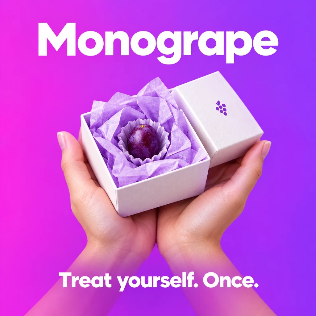 Monogrape social ad: hands holding the delivery box with the tagline Treat yourself, once
