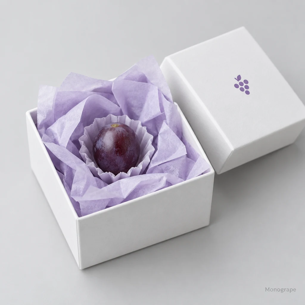 An open Monogrape delivery box with a single grape nestled in lavender tissue paper