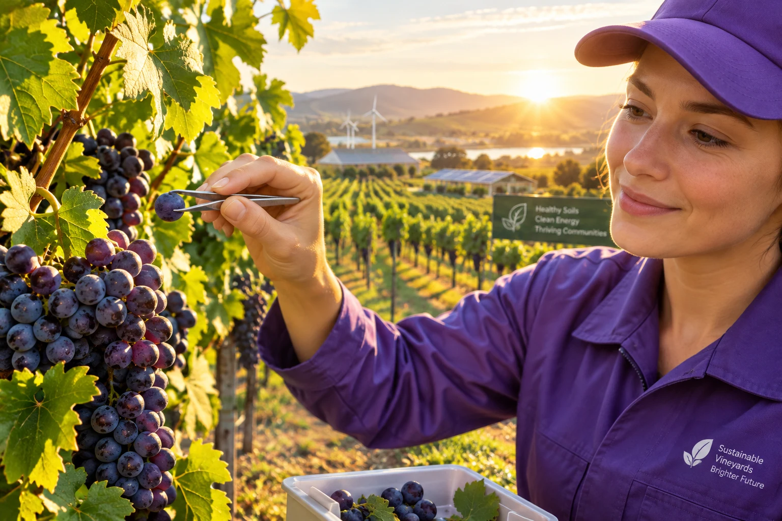 A worker in violet uniform picking a single grape with tweezers at a sunny vineyard