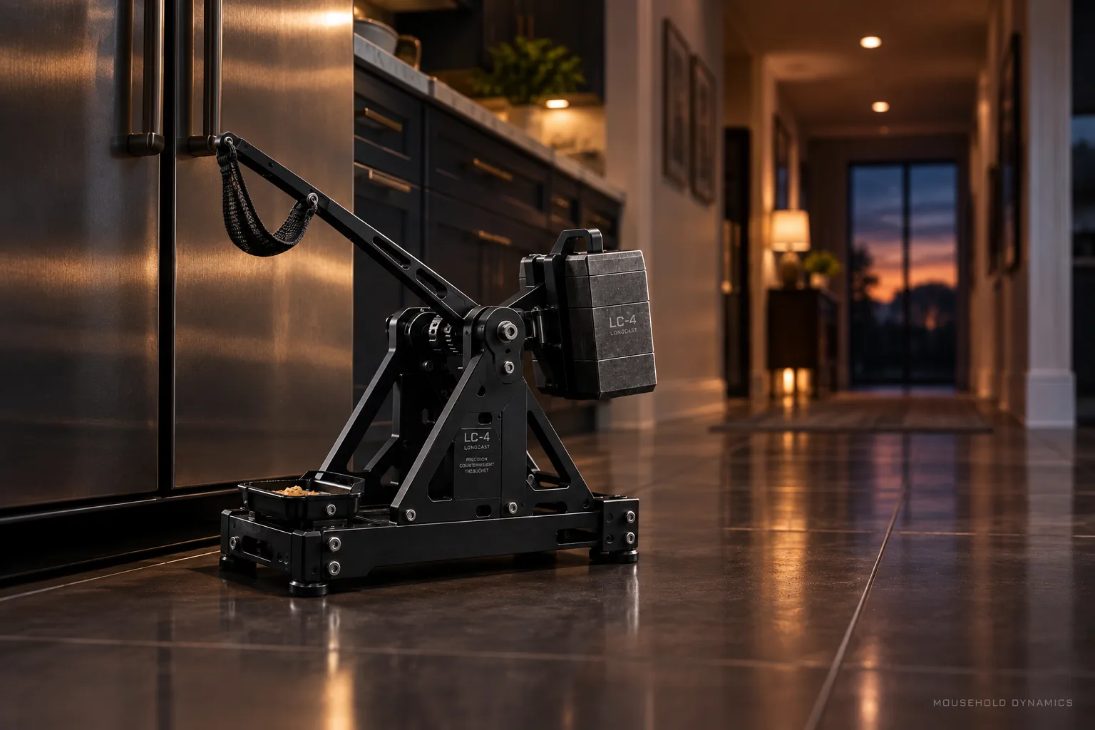 LC-4 Longcast trebuchet emplaced on a kitchen floor at dusk