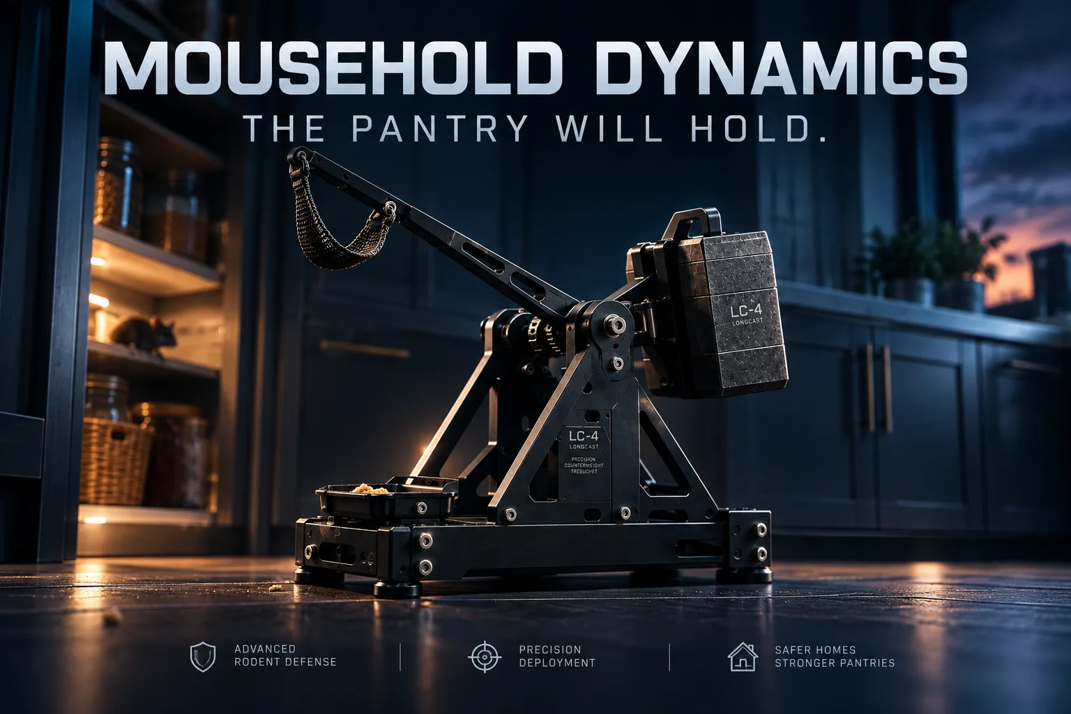 Marketing poster: LC-4 Longcast trebuchet on a kitchen floor with the tagline The Pantry Will Hold