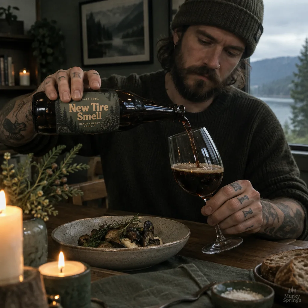 A customer decanting New Tire Smell soda into a wine glass