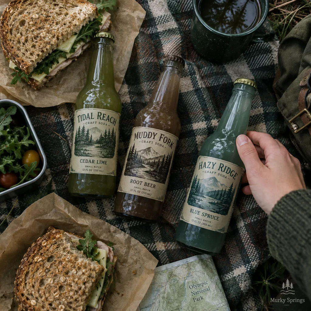 A picnic spread featuring Murky Springs sodas