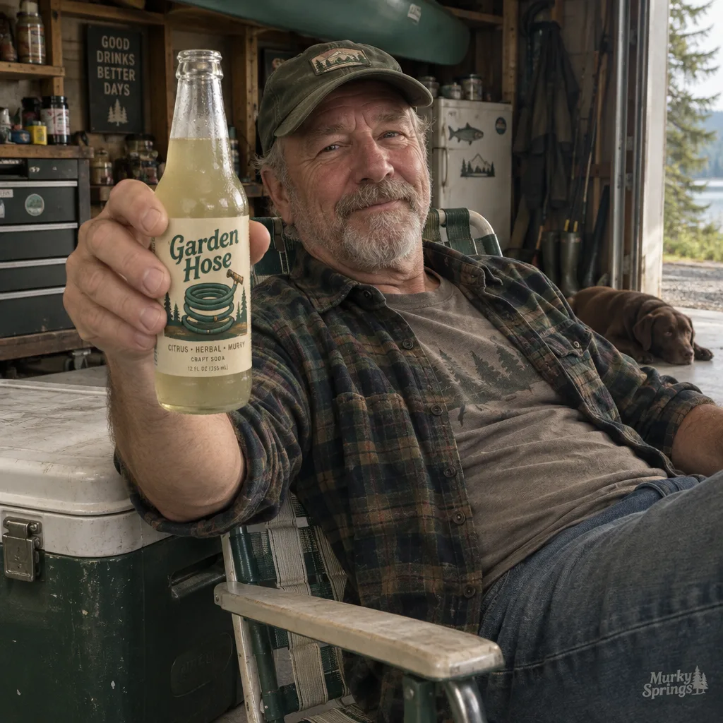 A man enjoying Garden Hose soda in his garage