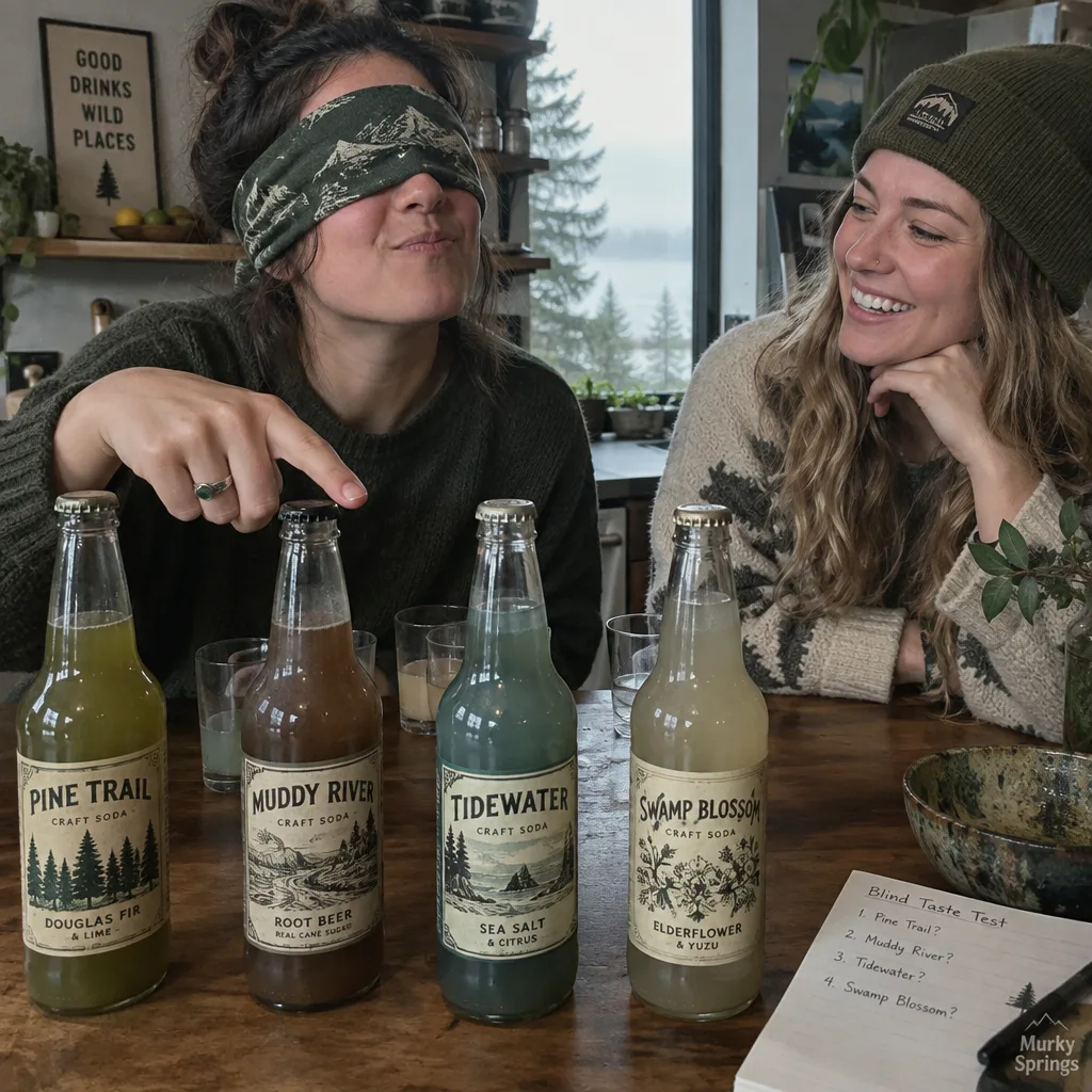 Friends doing a blind taste test of Murky Springs sodas