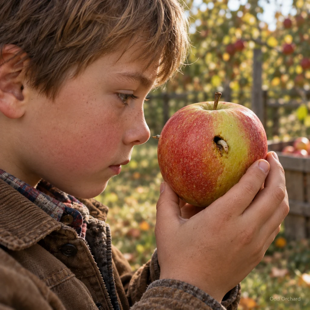 A boy meeting the resident larva of his Codlin's Share apple