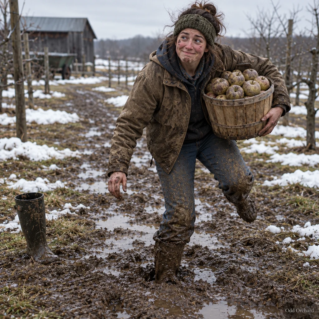 A picker stuck in the spring mud, one boot left behind, holding a basket of Mud Season apples
