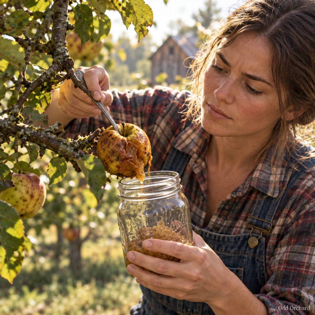 A picker spooning an Old Mushy off the branch into a mason jar