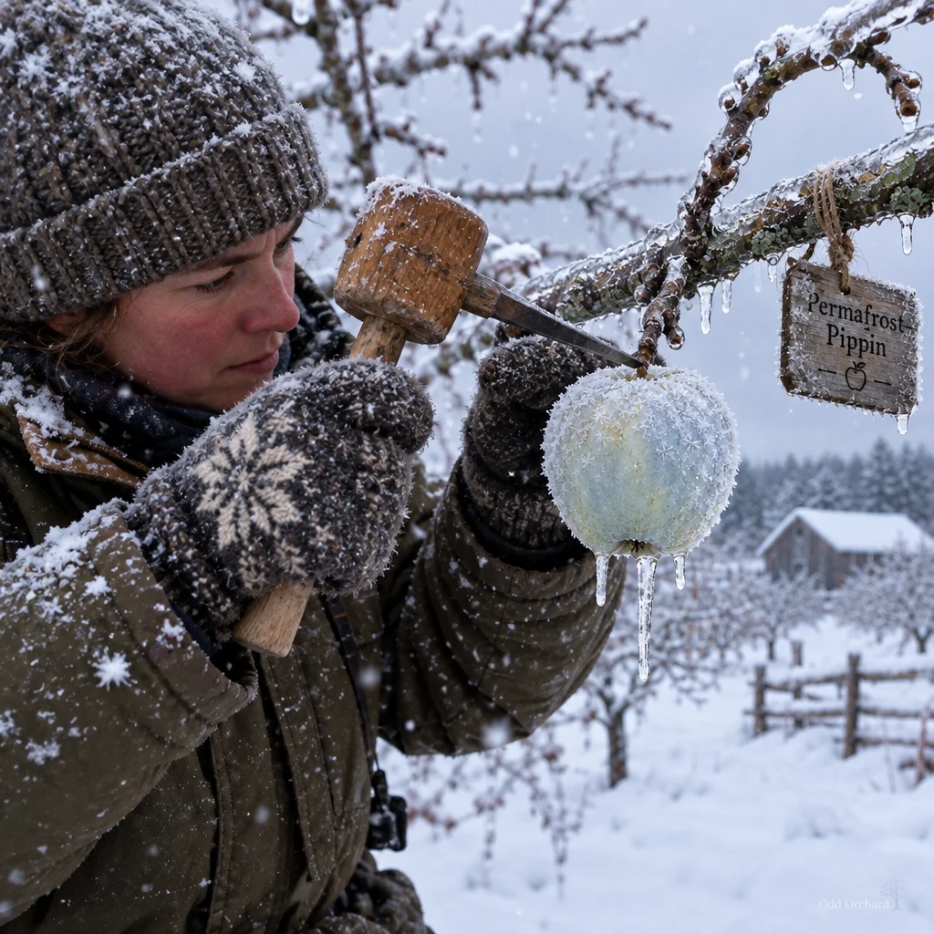 A winter picker working a frozen Permafrost Pippin with chisel and mallet