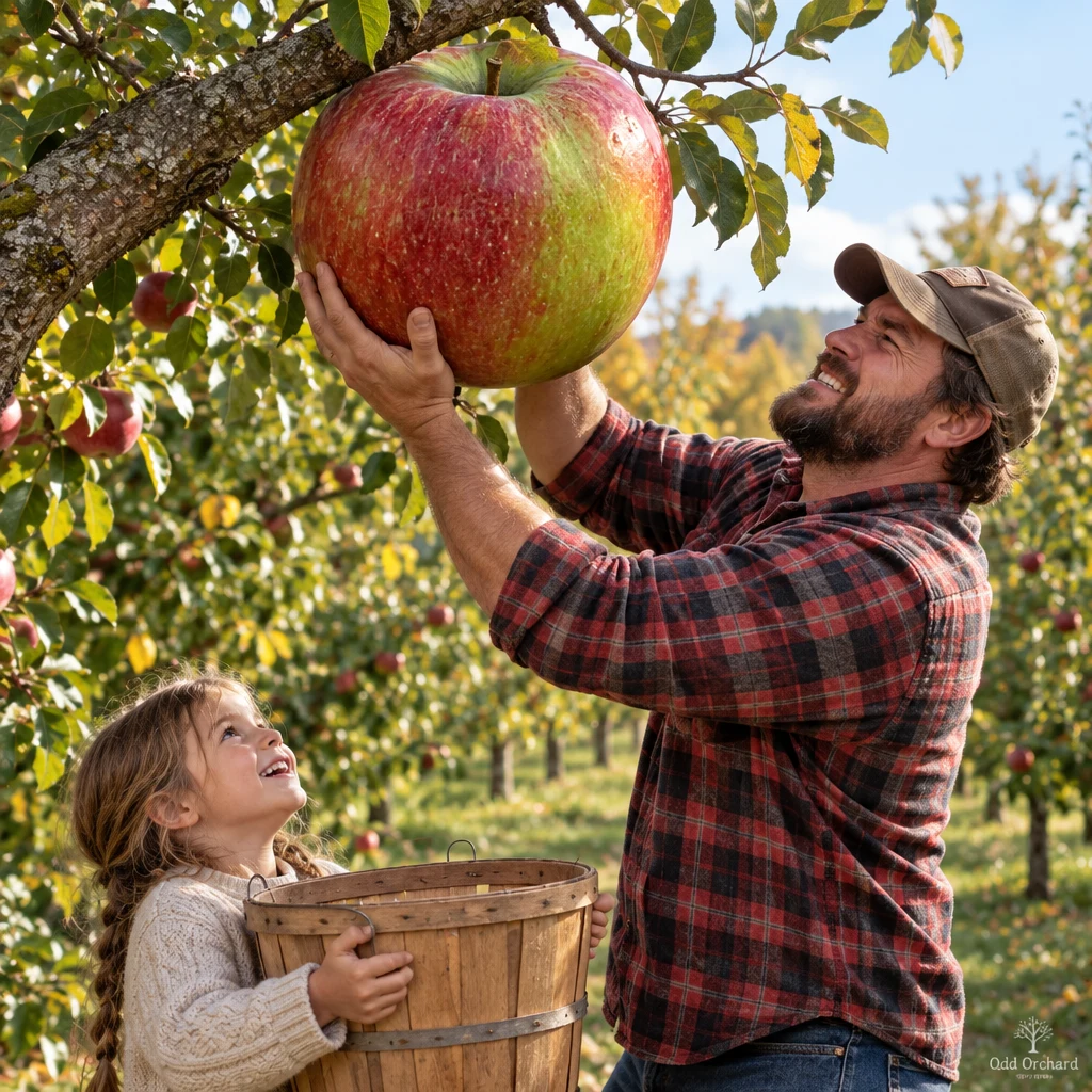 A picker lifting a Braggart off the branch with both hands while a child waits with a basket