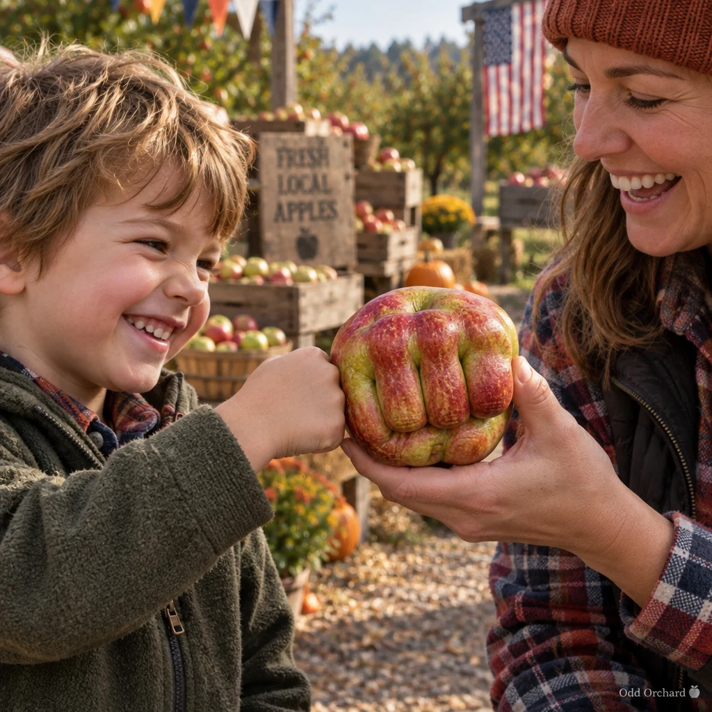 A kid pressing their fist against a fist-shaped Knuckle apple