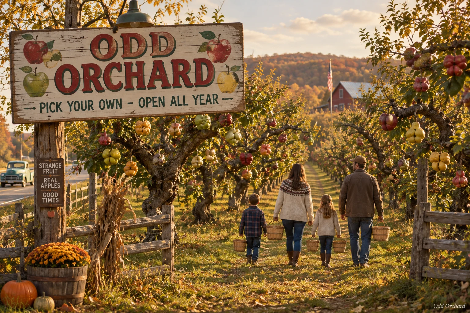 The Odd Orchard entrance sign over rows of crooked apple trees bearing strange fruit