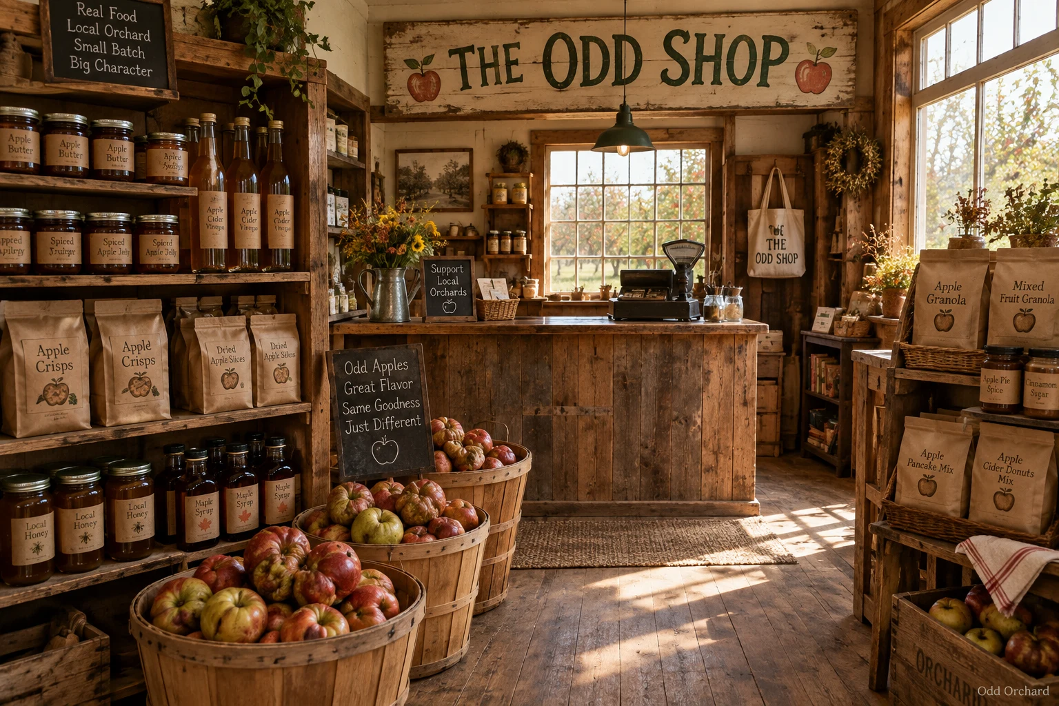Inside the Odd Orchard farm store, shelves of jars and bottles and baskets of odd apples