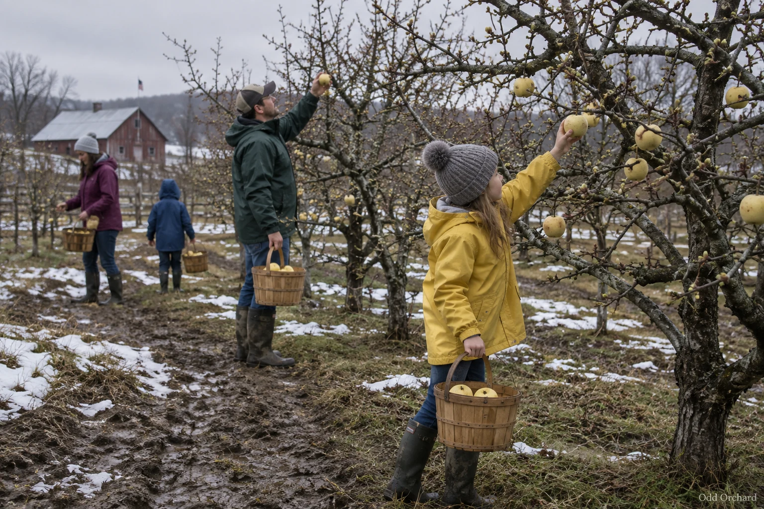 Pickers in rubber boots working bare spring trees over muddy ground