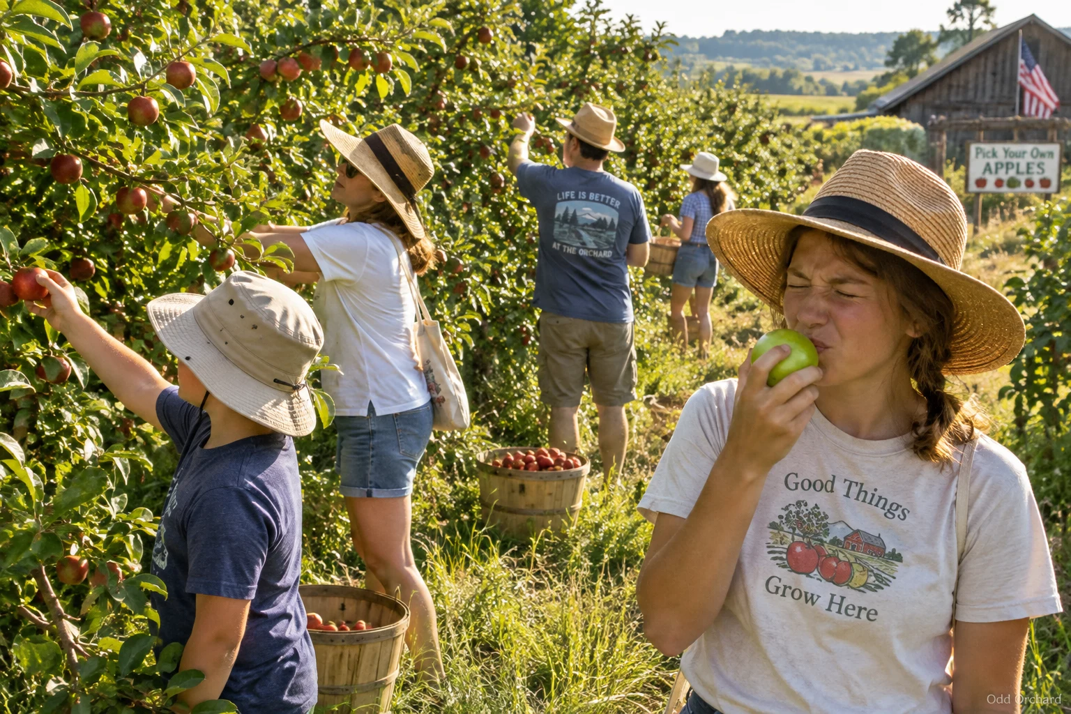 Pickers in sun hats working green summer rows, one of them wincing at a Gasper