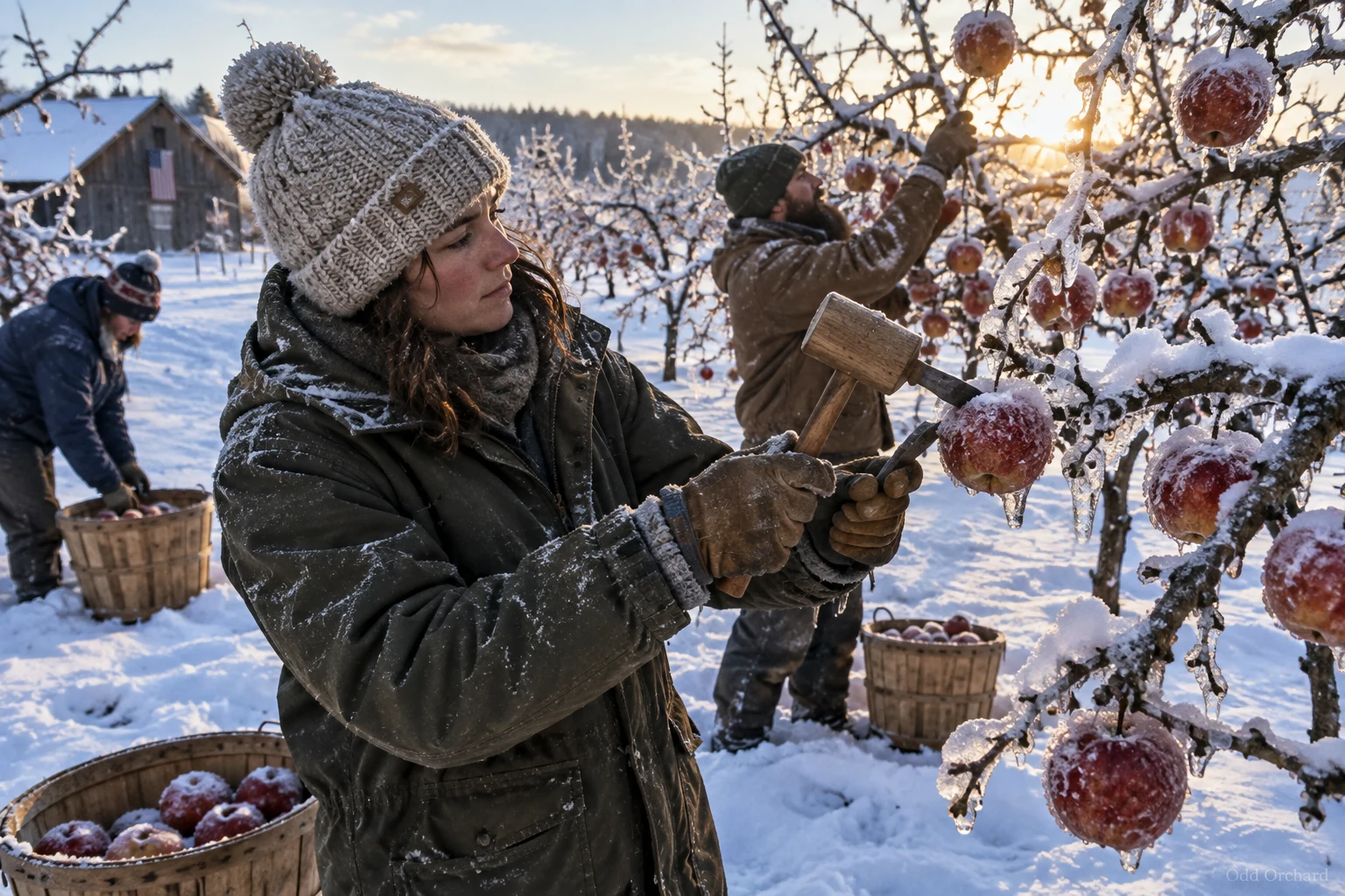 Pickers in parkas tapping frozen apples off icy branches with chisels and mallets