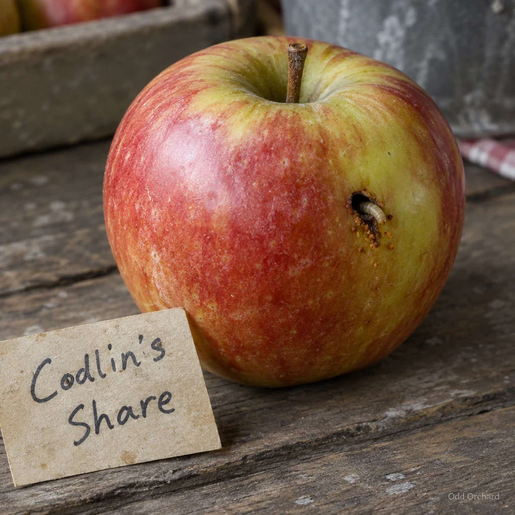 A Codlin's Share apple with the codling moth larva at its entry hole