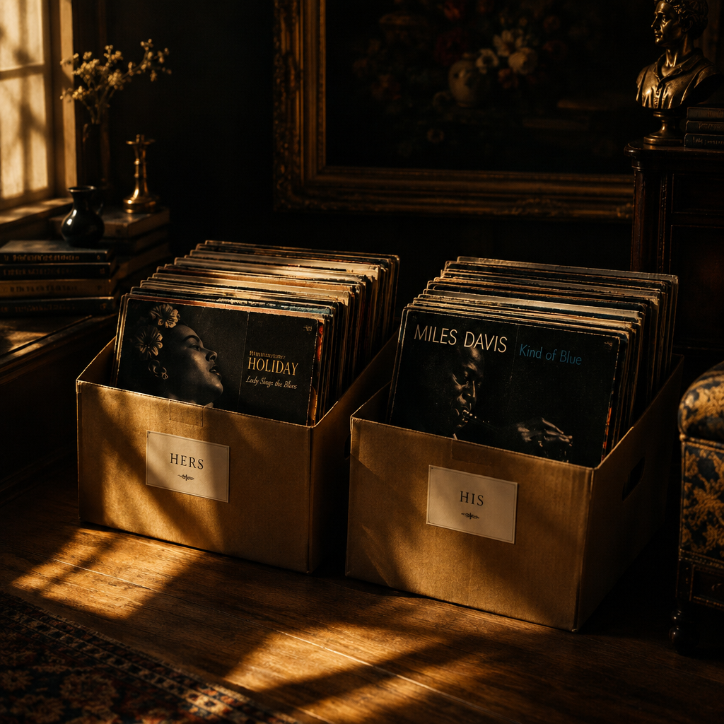 A record collection divided into two labeled boxes in dramatic light
