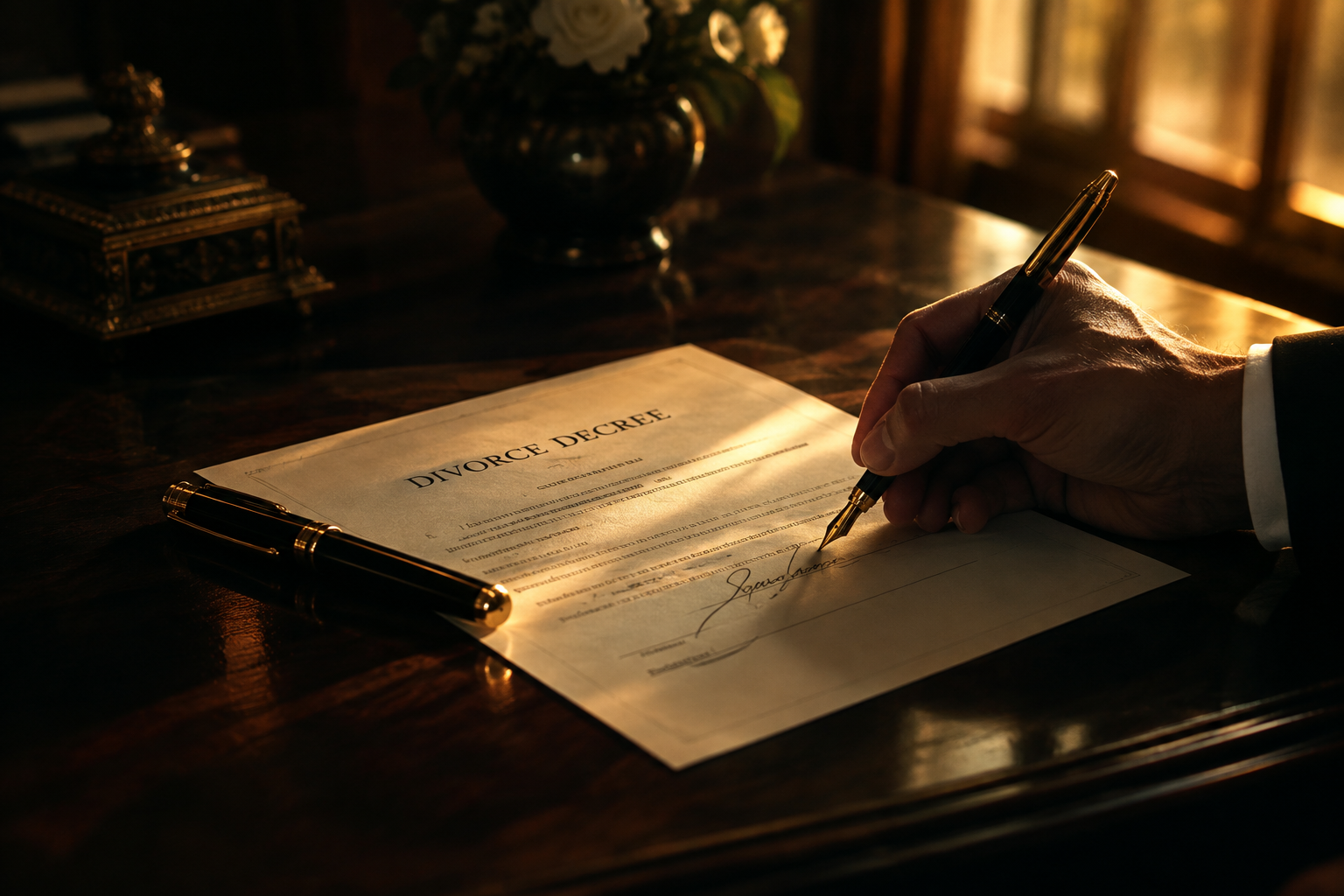 A decree being signed at a desk in golden window light