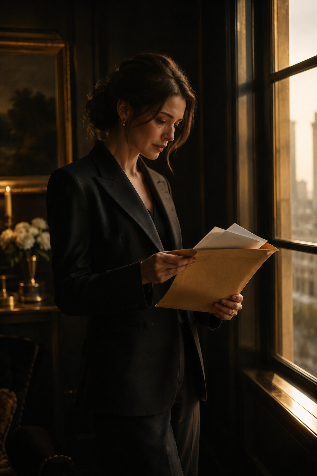 A first look at the paperwork: a client opens a manila envelope in window light