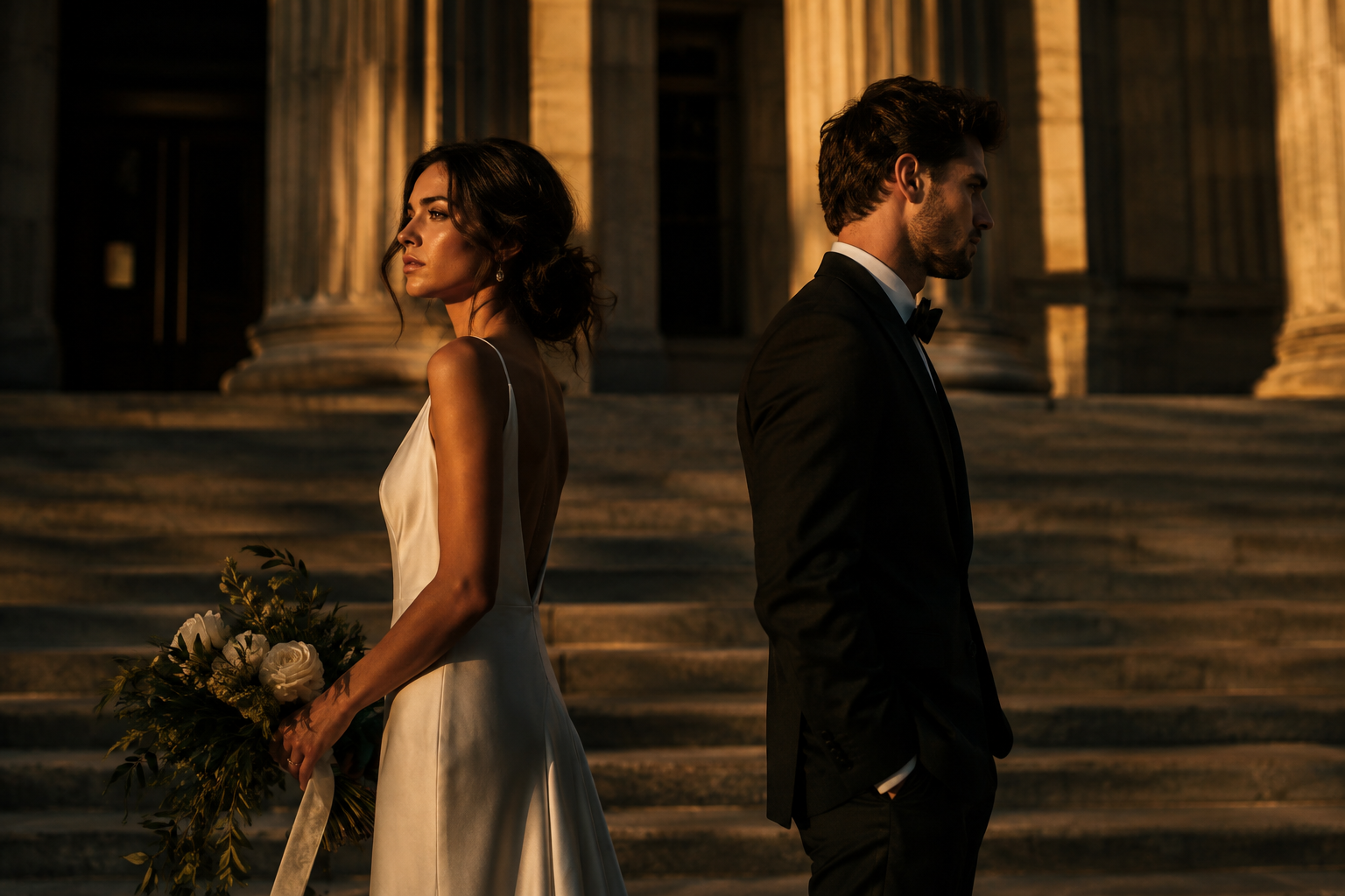 A couple photographed back to back on courthouse steps at golden hour
