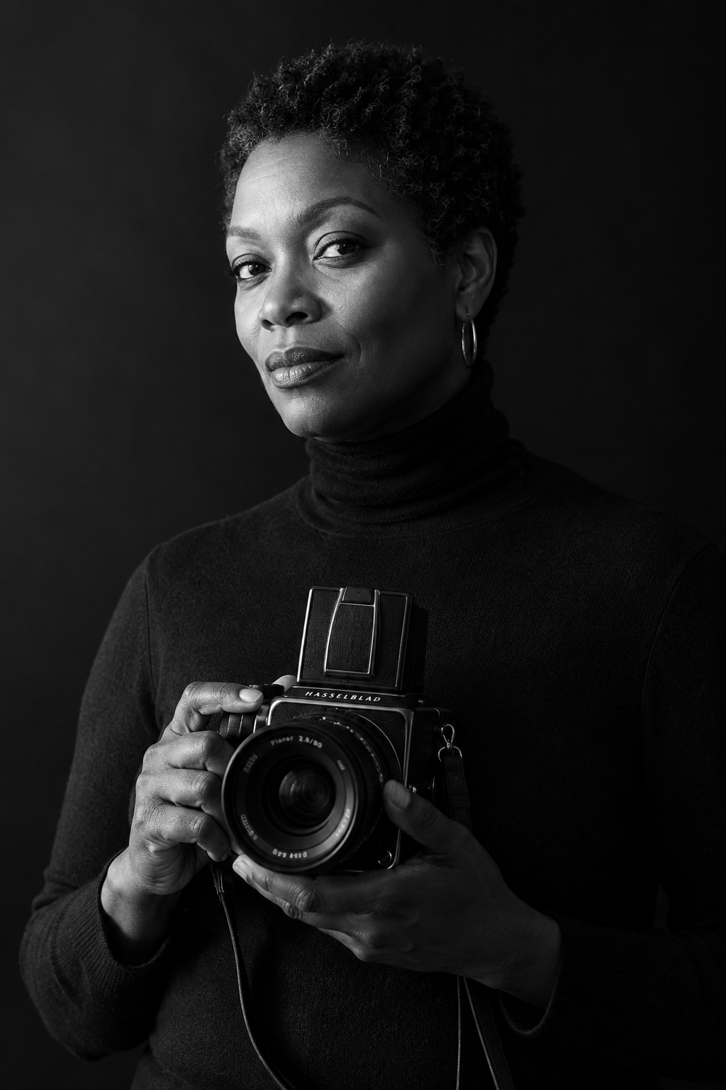 Portrait of Vivienne Osei, principal photographer, in black and white