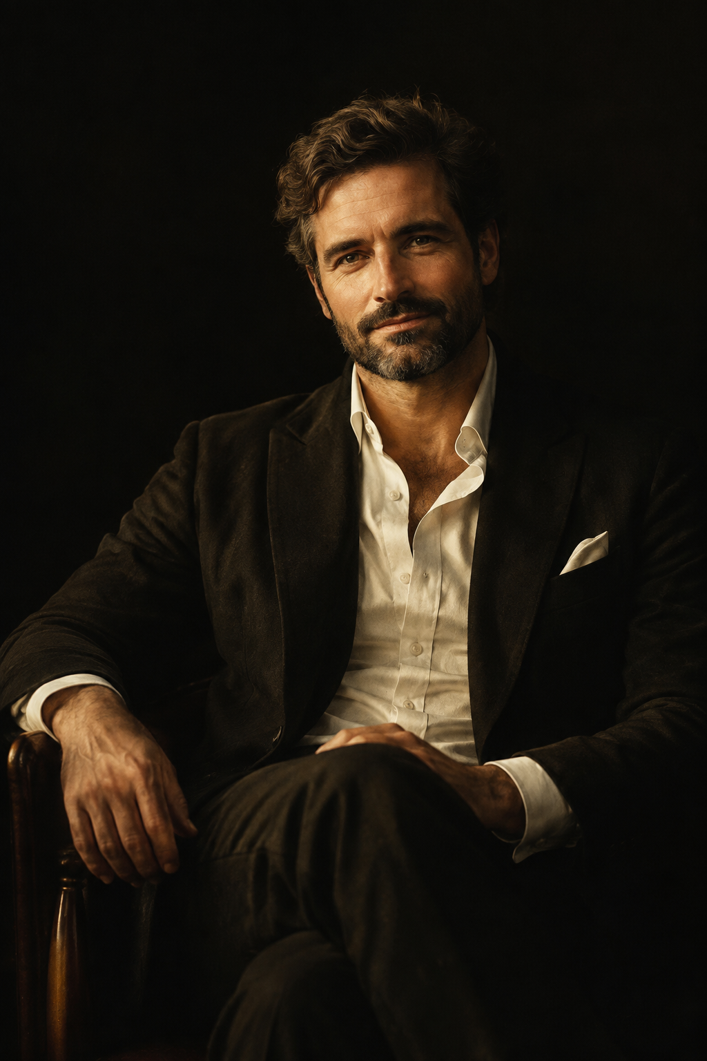 A studio portrait of a newly single client against a black backdrop, visibly relieved