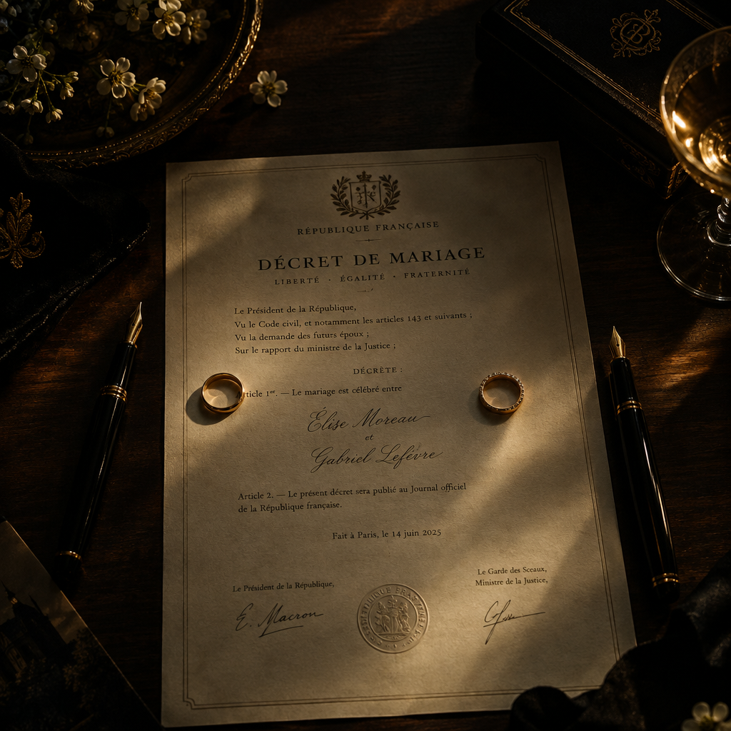 Two wedding rings resting on a signed decree between two fountain pens