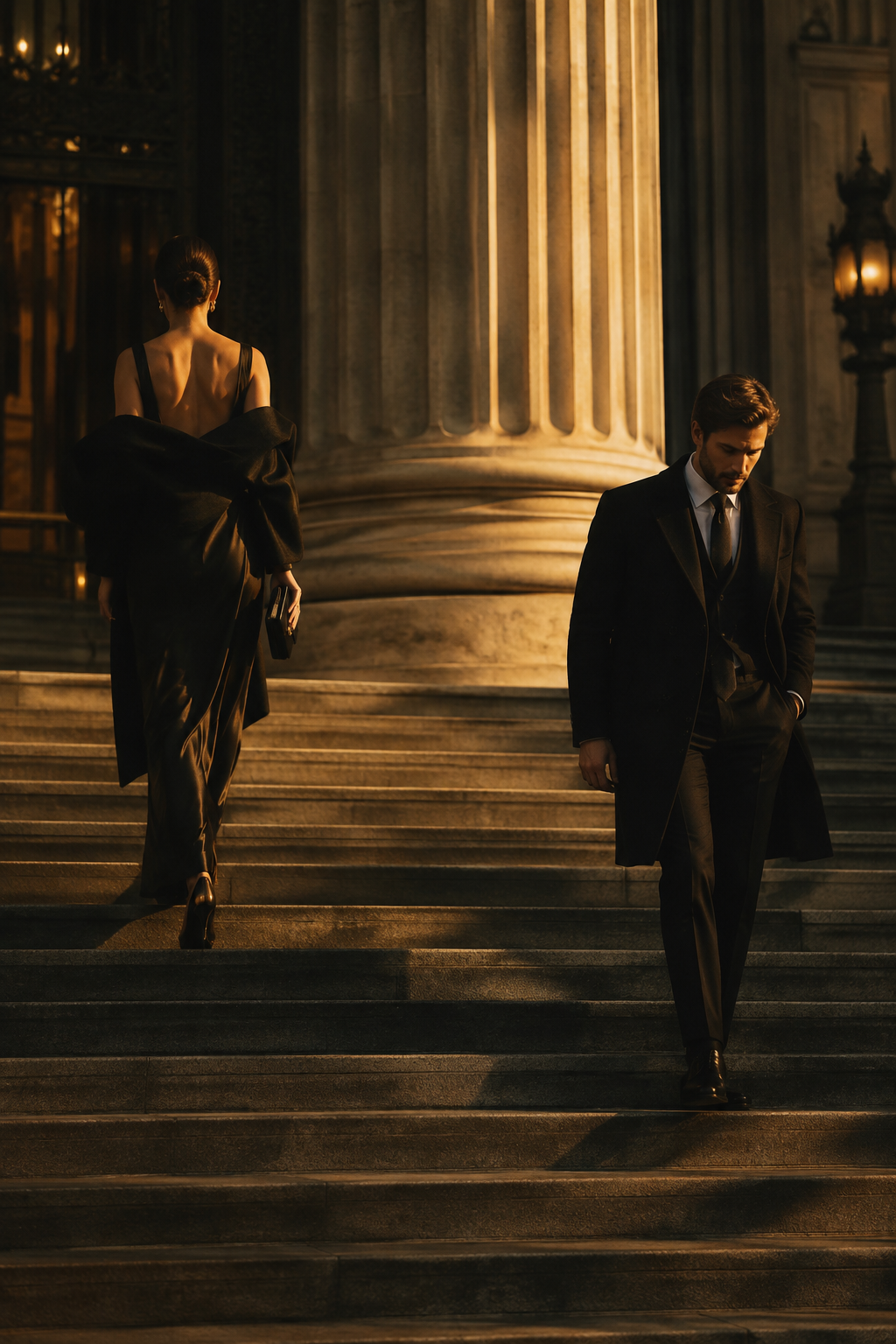 A portrait on courthouse steps, one subject ascending, one descending
