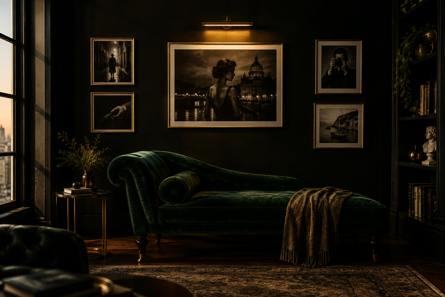 The Parting Shot studio: black walls, gold frames, a velvet chaise under a single light