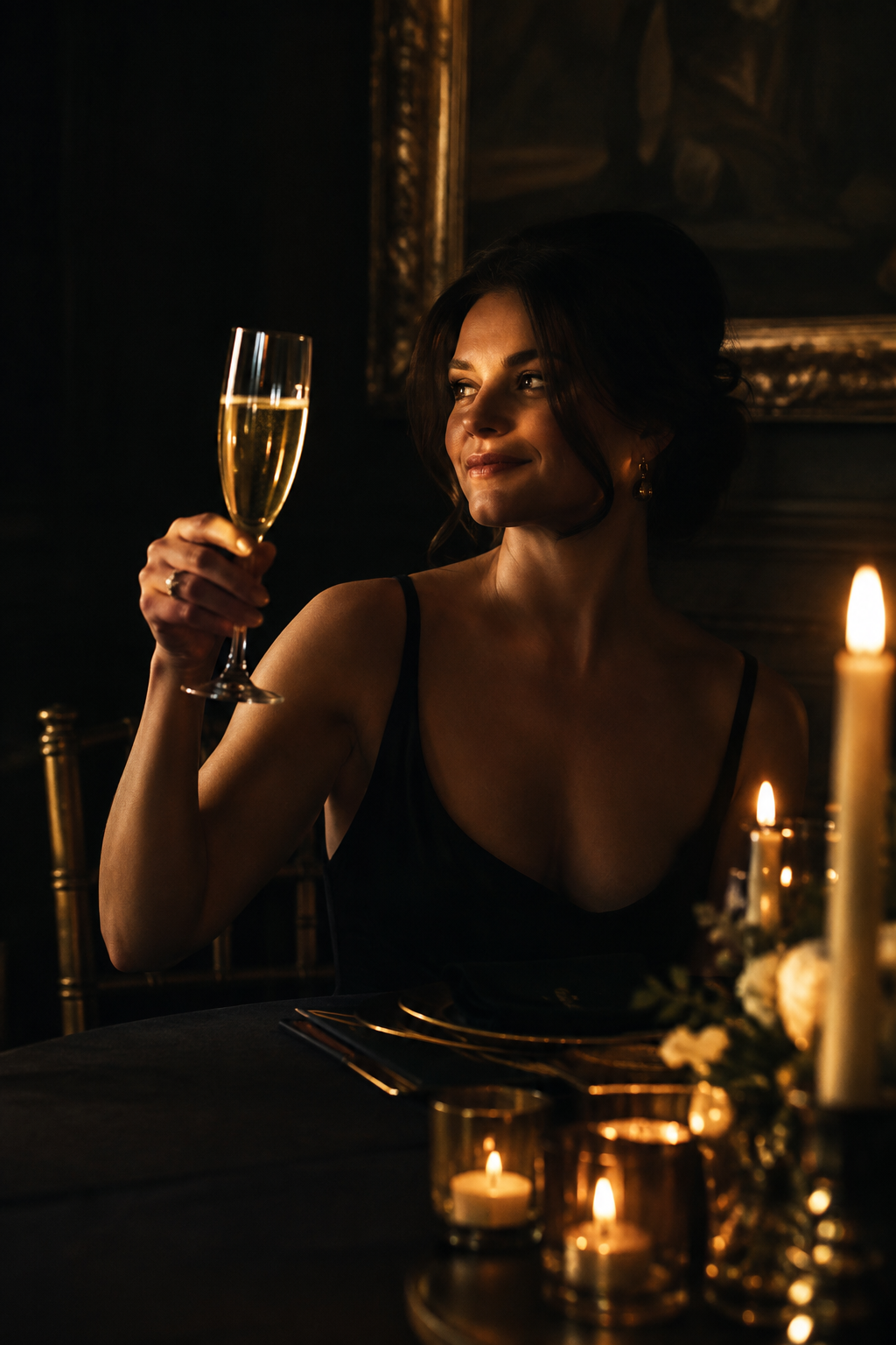 A solo champagne toast in dramatic side light