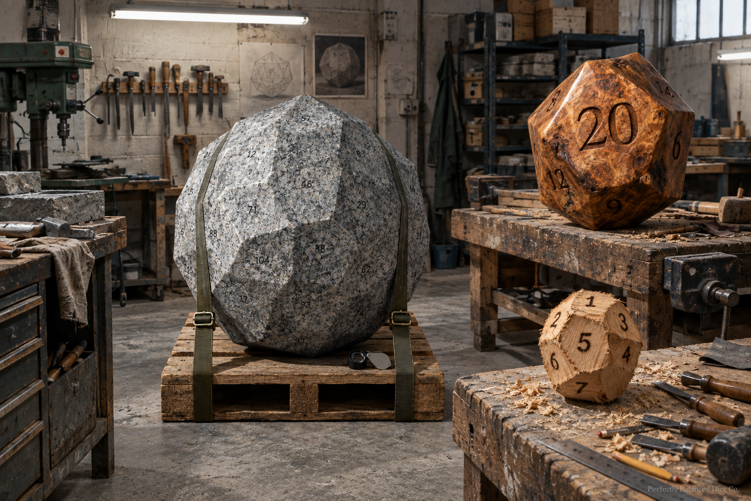 The Perfectly Balanced workshop, giant stone and wood dice on the floor