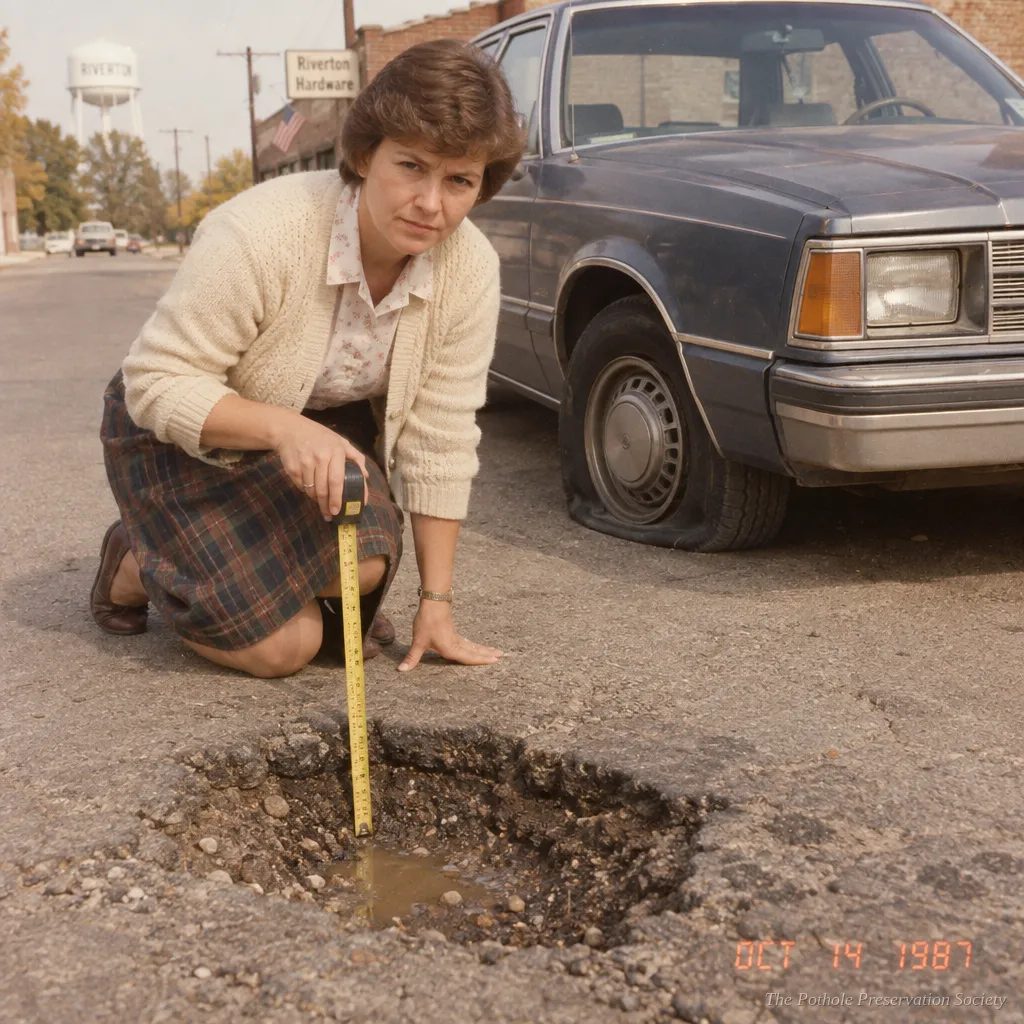 Founder Marjorie Pelt measuring the Mulberry Street Crater in 1987