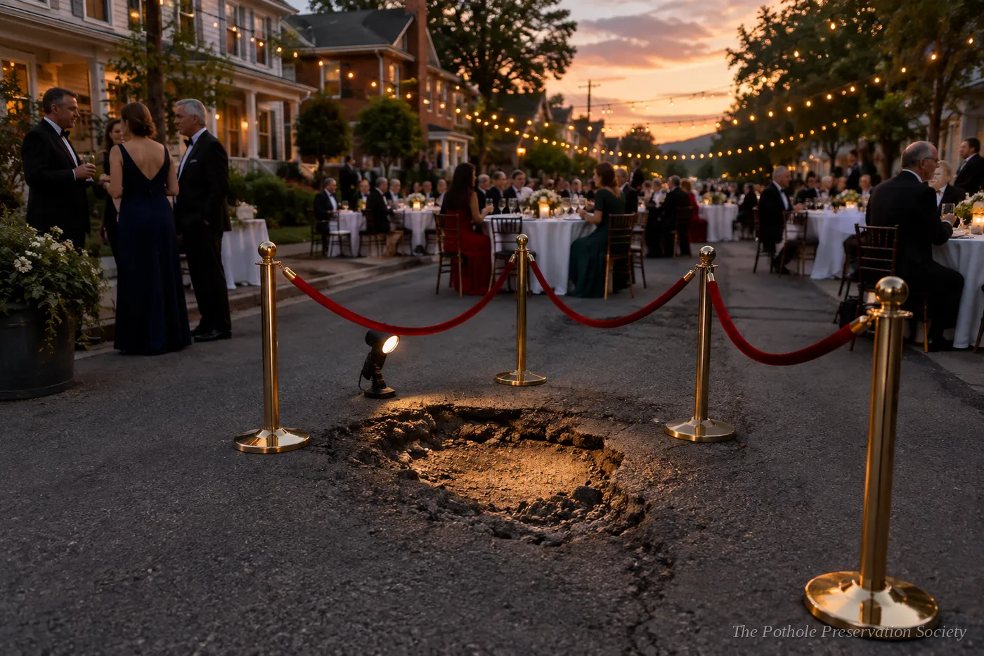 Outdoor black-tie gala on a residential street, with a pothole roped off by brass stanchions