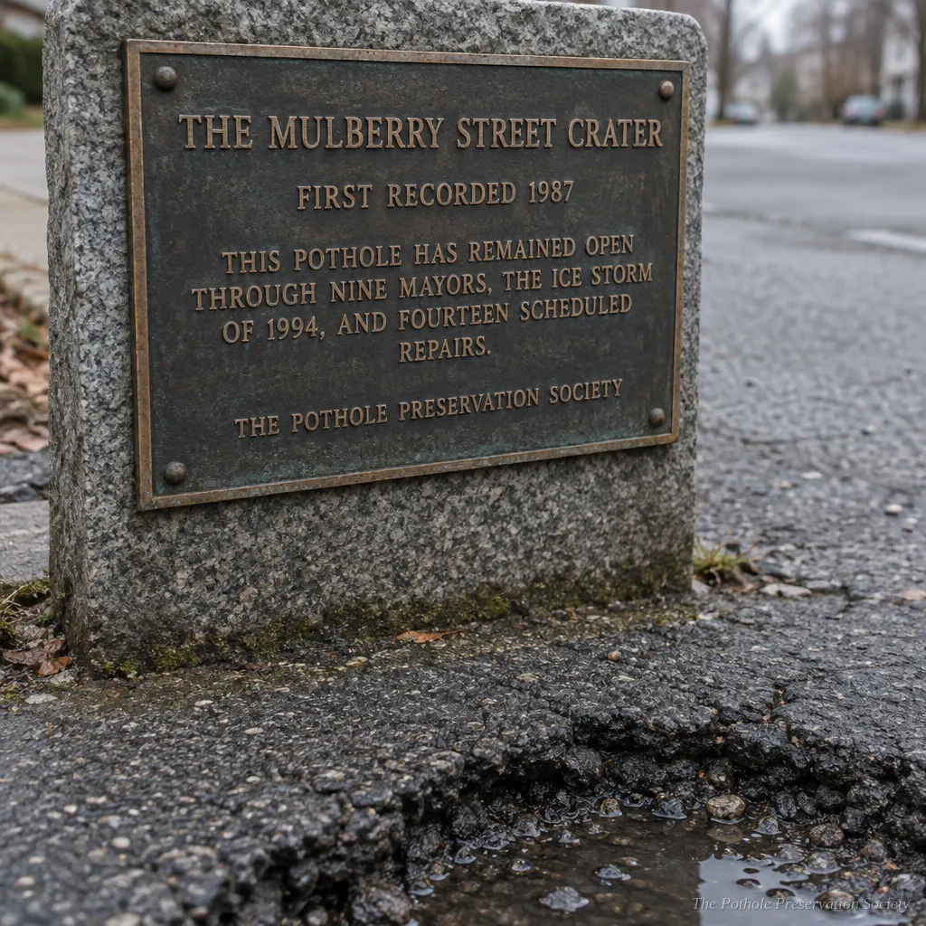 Bronze plaque on a granite post beside the Mulberry Street Crater