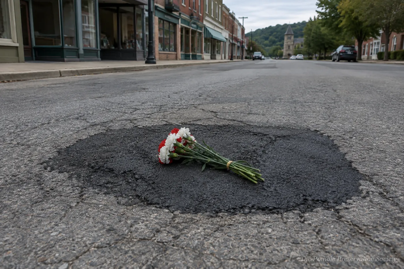 The cold patch where the Commodore used to be, with flowers laid on it