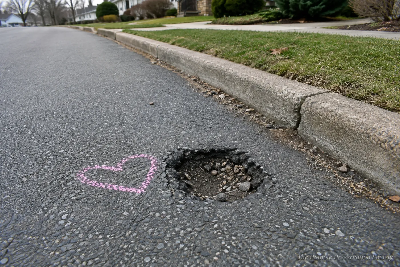 Little Gerald, a small pothole with a chalk heart beside it